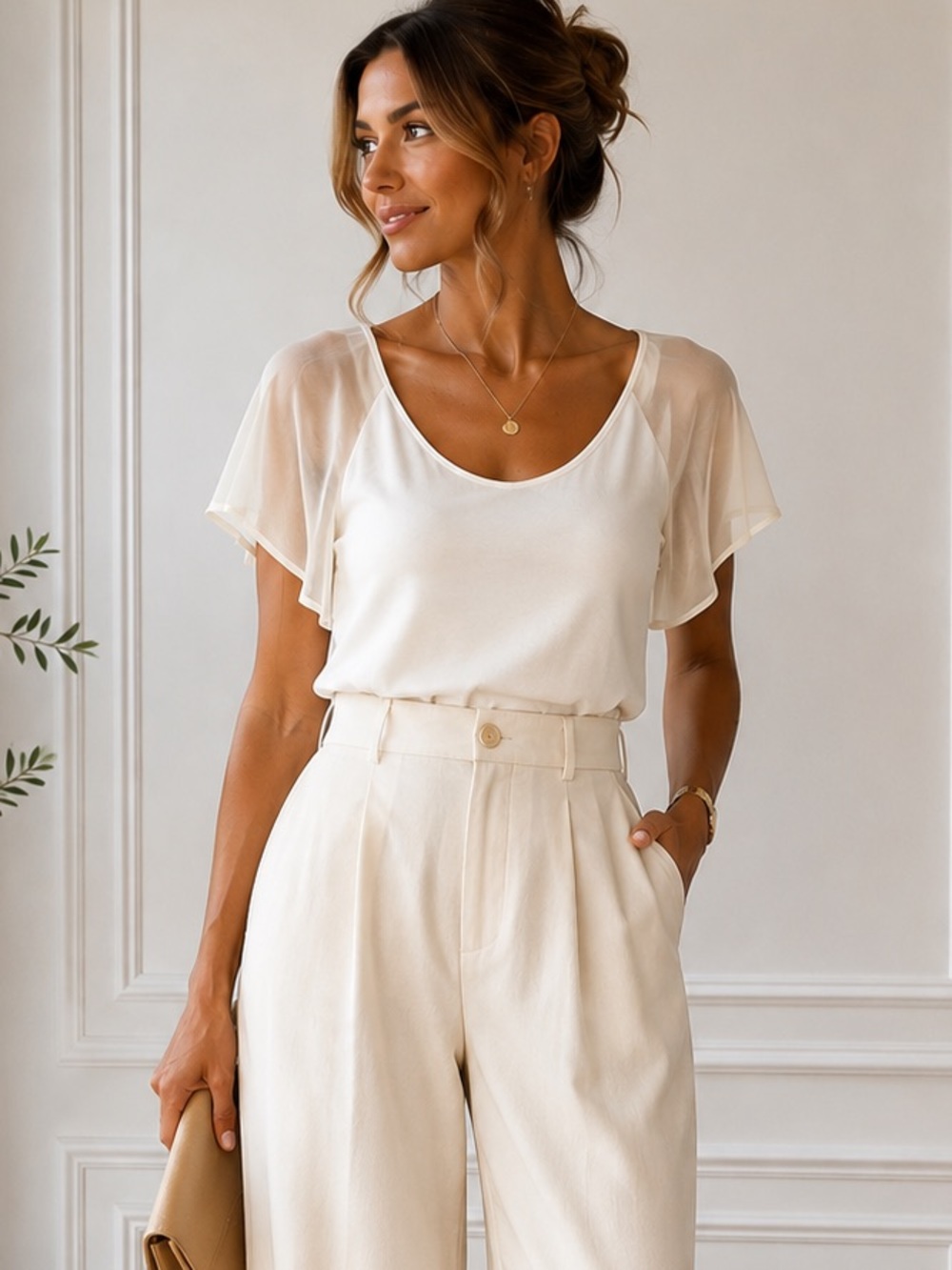 French Connection Cream High-Waist Wide-Leg Trousers